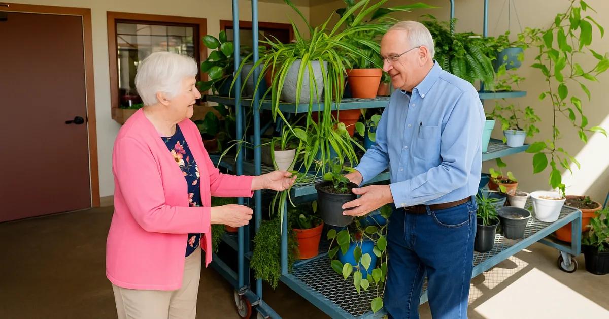 Gardens on Quail staff member helping a resident pot plants among the greenhouse foliage