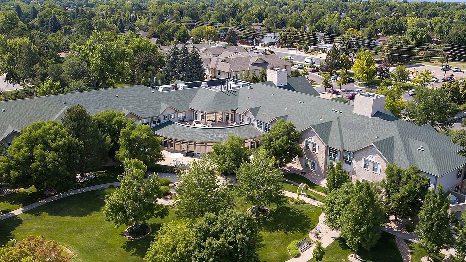 Aerial view of the Gardens at Columbine campus and surrounding neighborhood
