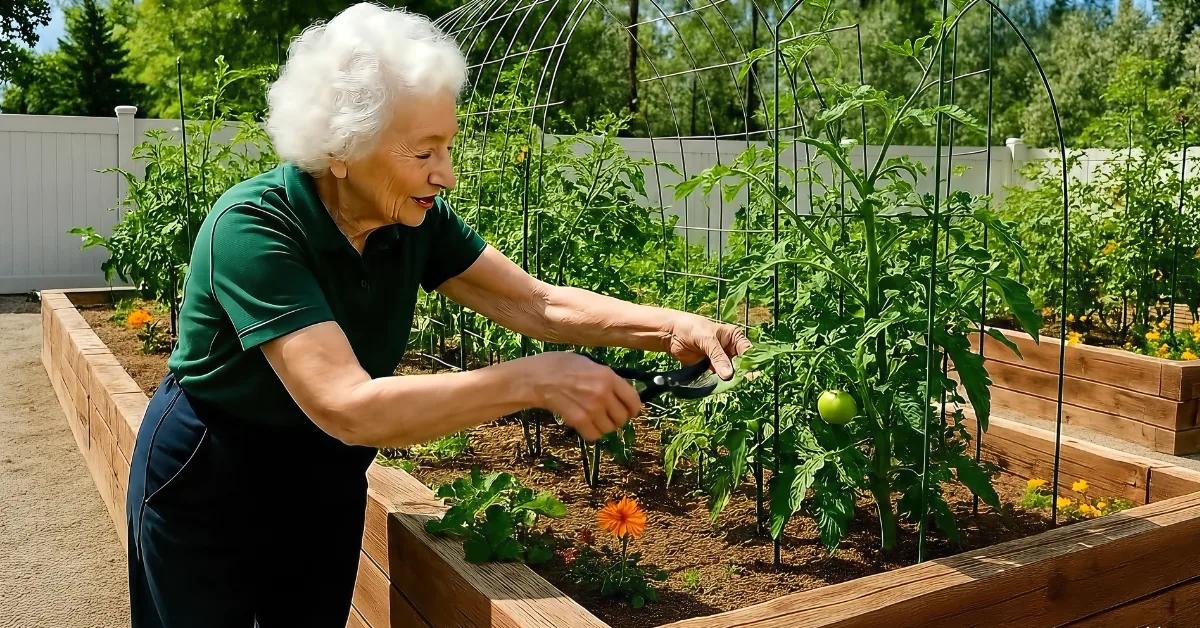 Gardens on Quail resident tending tomato plants in a raised garden bed on a sunny day