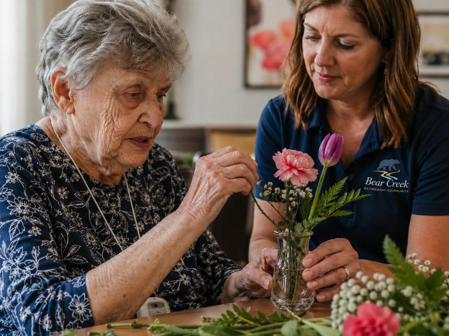A Bear Creek memory care staff member supporting a resident through a calm one-on-one floral arranging activity — the kind of predictable daily rhythm that anchors memory care