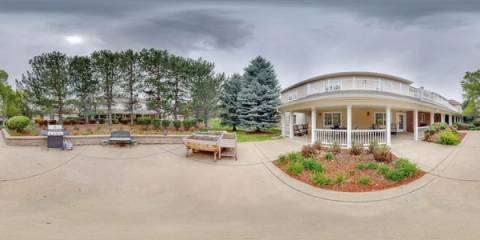 360 panorama of Bear Creek's courtyard, covered patio, and outdoor seating areas