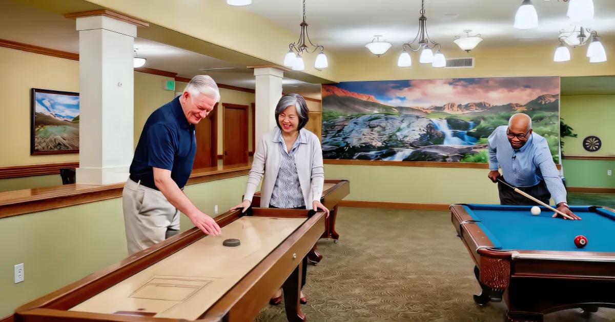 Three Gardens on Quail residents playing shuffleboard and pool in the game room with Colorado mural