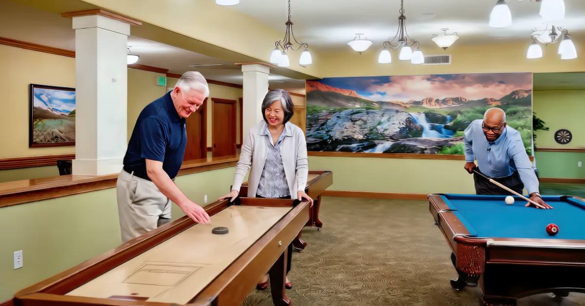 Three Gardens on Quail residents playing shuffleboard and pool in the game room with Colorado mural