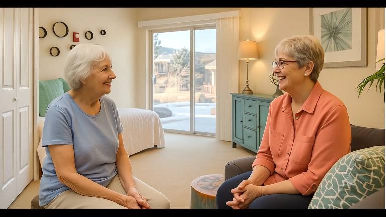 Two people talking in a Golden Pond apartment living room