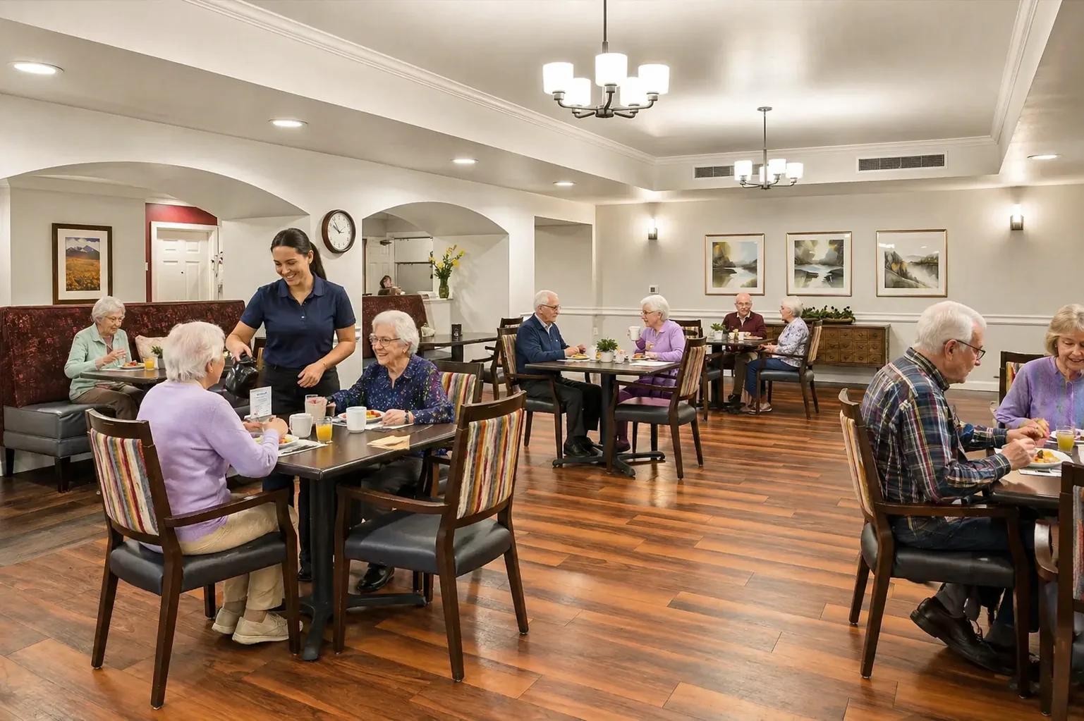 Bear Creek dining room at breakfast with a server pouring coffee for residents and others enjoying their meals at hardwood-floored tables