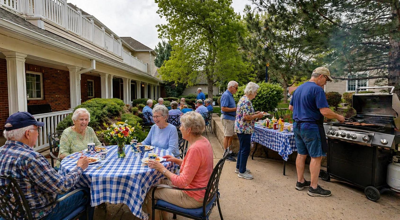 Bear Creek residents enjoying a patio BBQ with checkered tablecloths and a chef at the grill