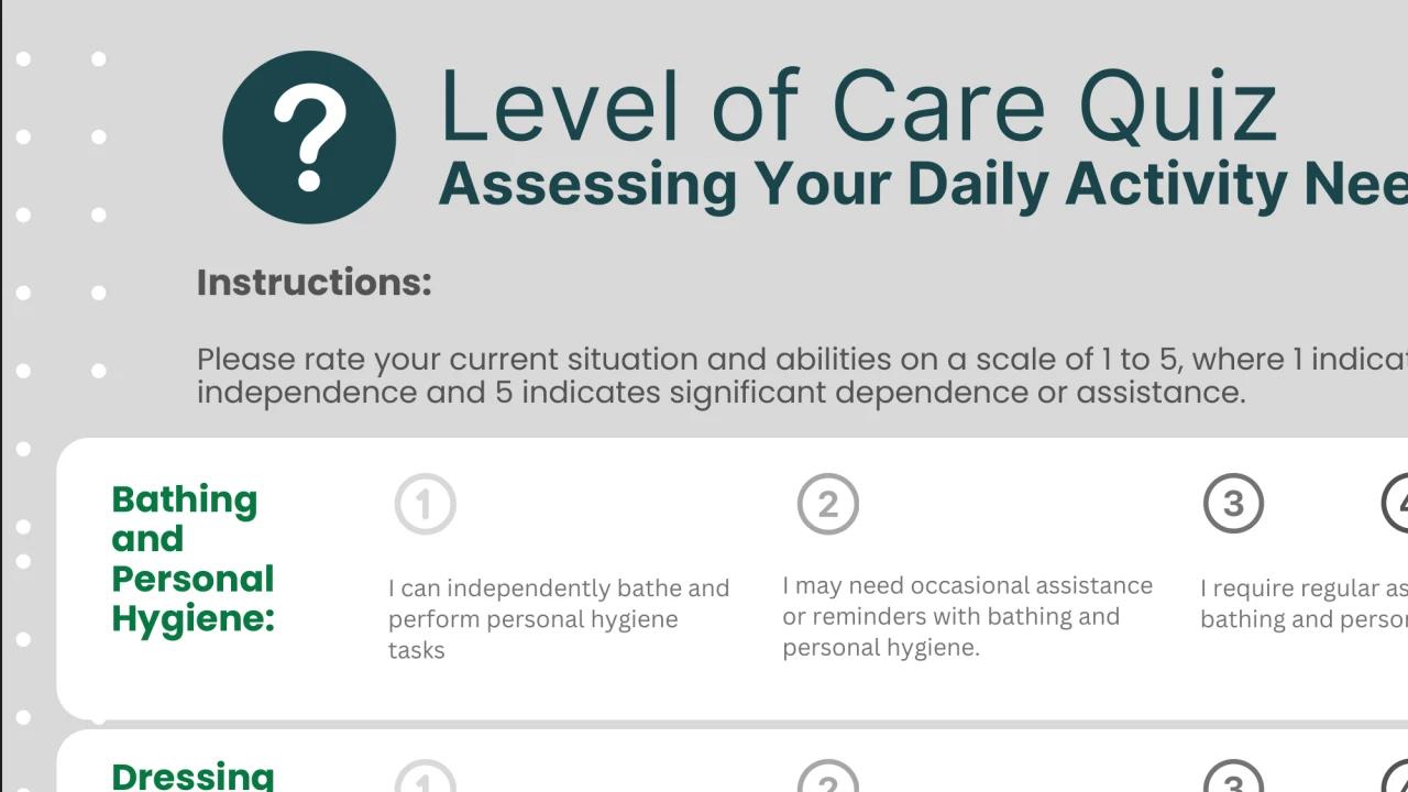 Preview of Golden Pond's level of care quiz for daily activity needs.