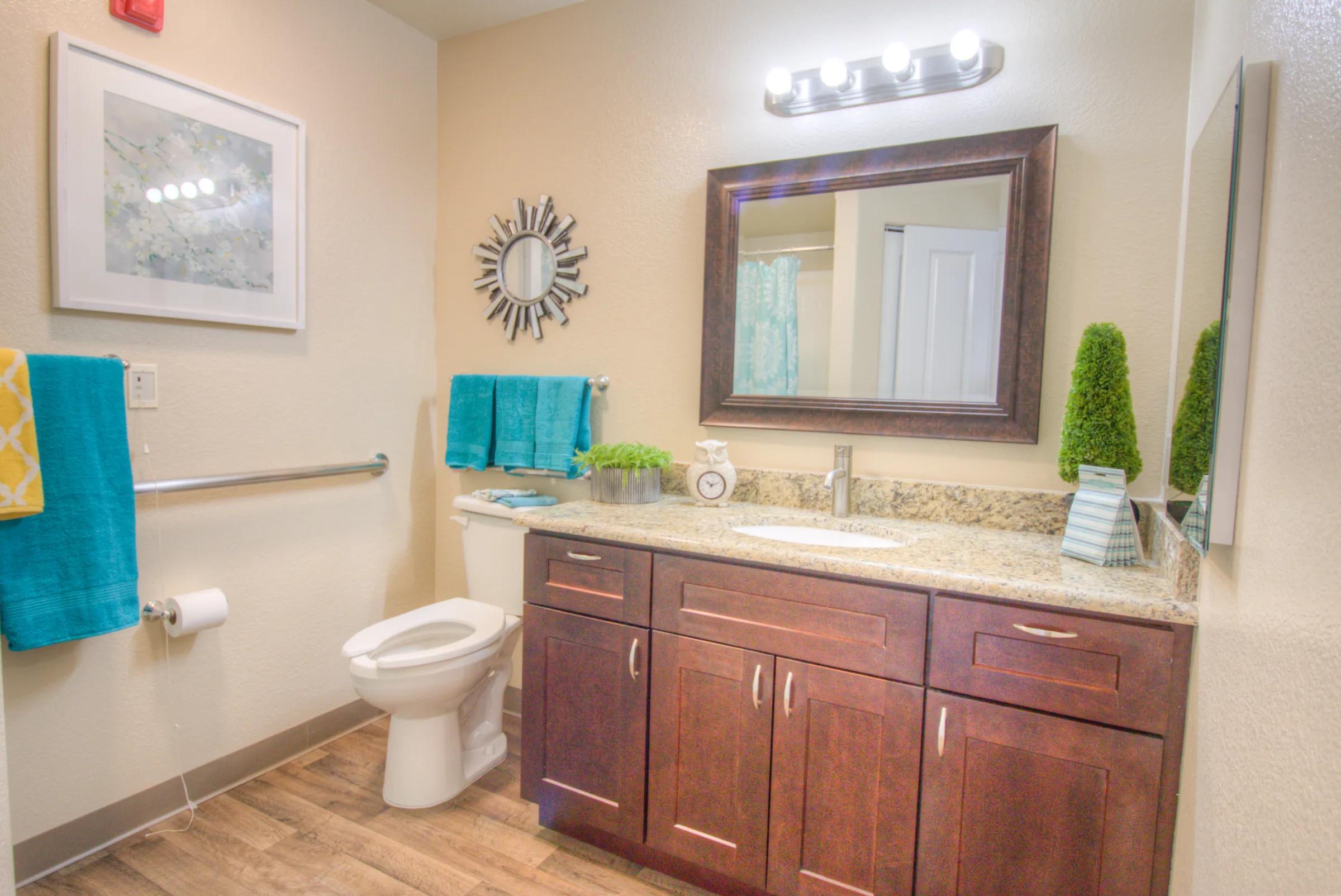 Golden Pond apartment bathroom with a wood vanity, mirror, toilet, and bright towels