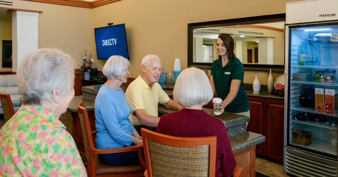 Gardens on Quail residents gathered at the bistro counter while a staff member serves drinks