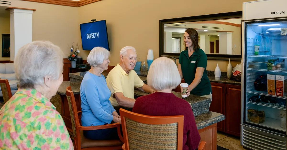 Gardens on Quail residents gathered at the bistro counter while a staff member serves drinks