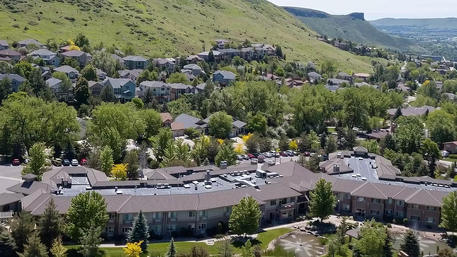 Aerial view of Golden Pond in Golden, Colorado with the foothills behind the community