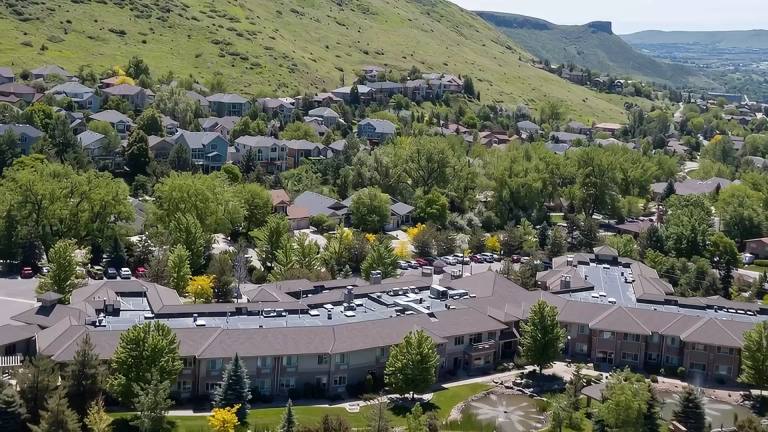 Aerial view of Golden Pond in Golden, Colorado with the foothills behind the community