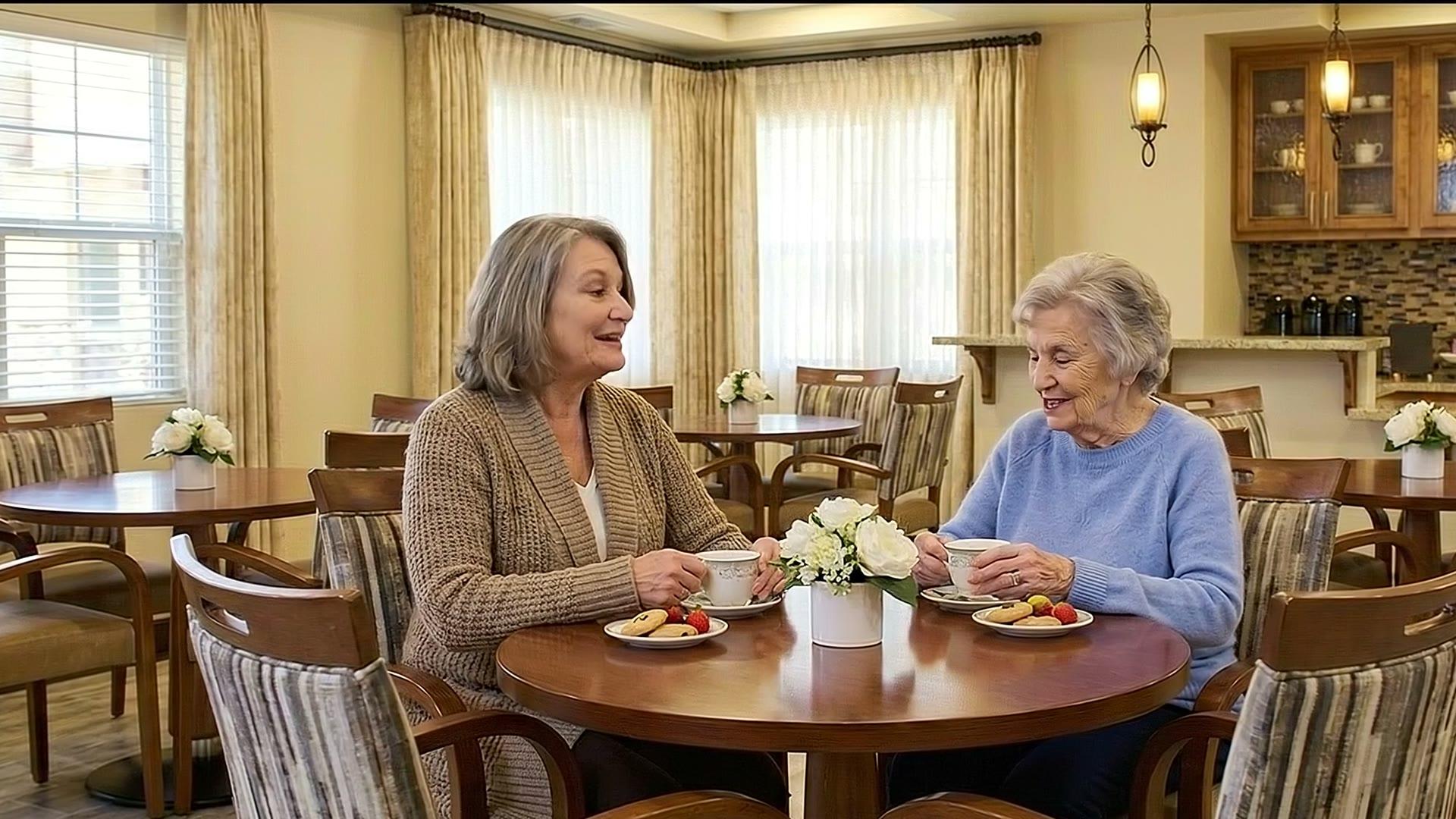 Stonebridge residents dining together in a bright dining room
