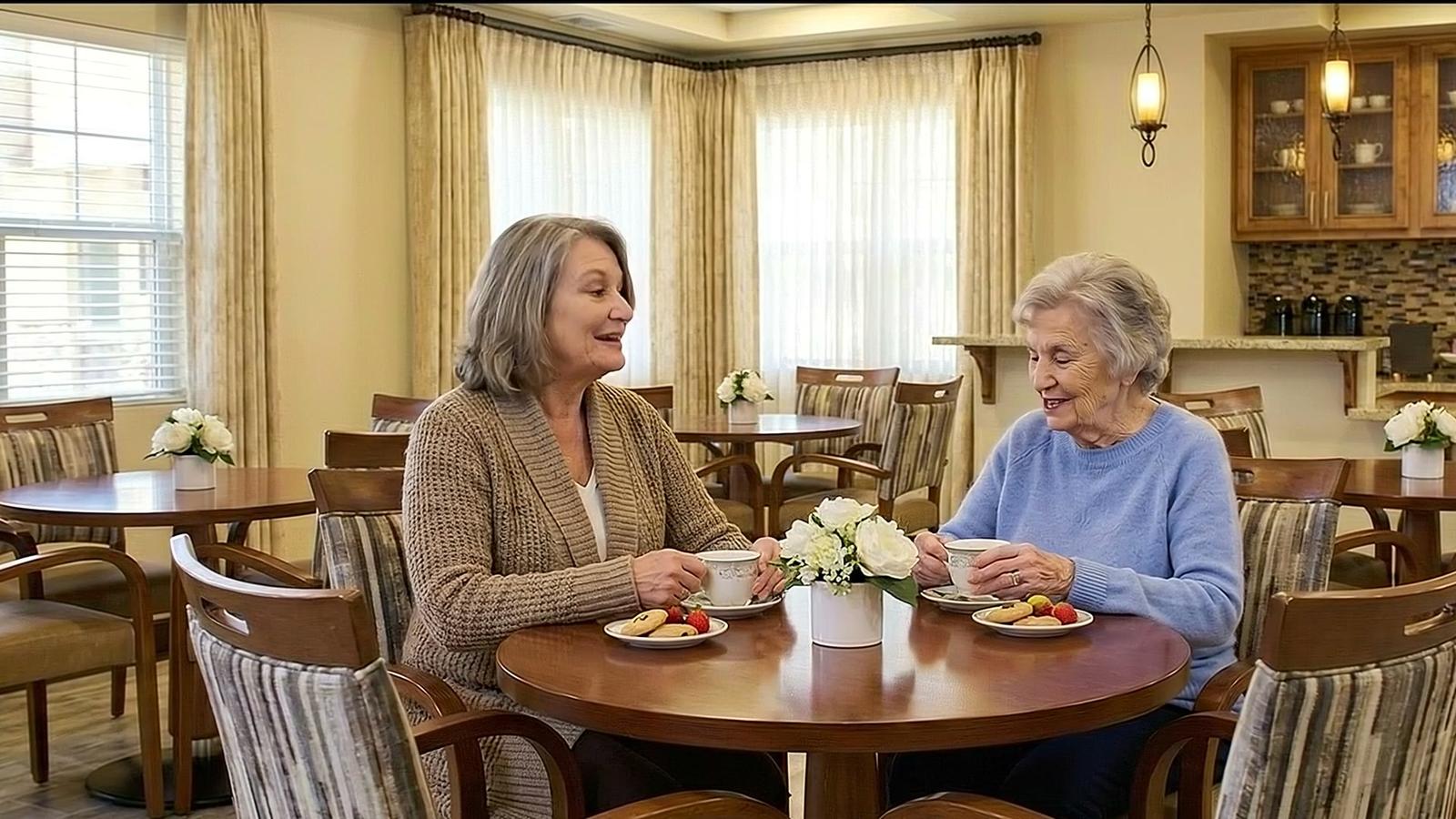 Stonebridge residents dining together in a bright dining room