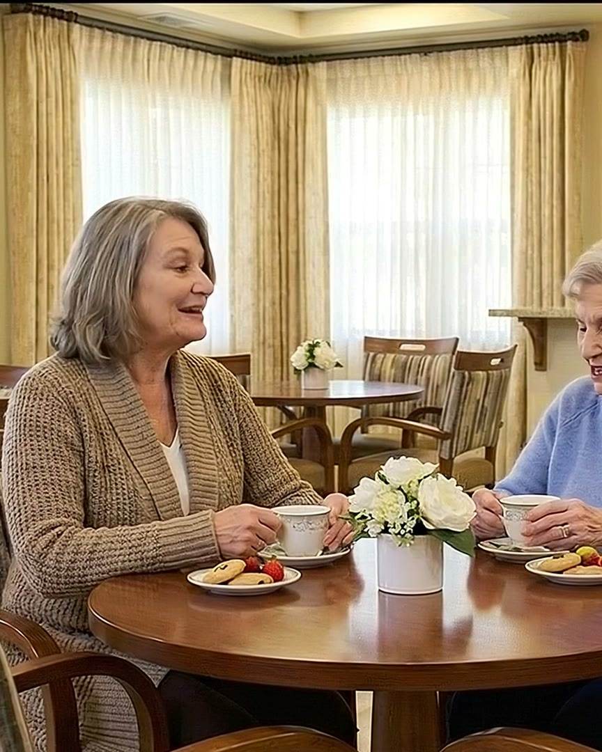 Stonebridge residents dining together in a bright dining room