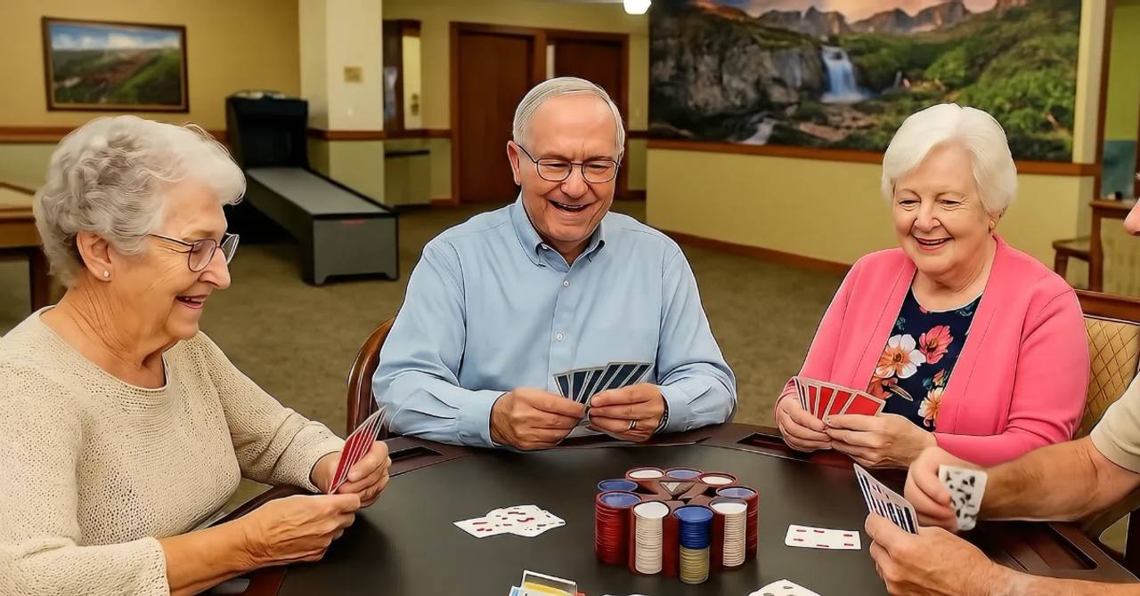 Three Gardens on Quail residents playing cards with poker chips at a game table