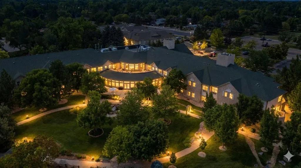 Aerial view of Gardens at Columbine and its courtyard at dusk
