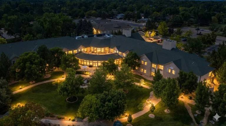 Aerial view of Gardens at Columbine and its courtyard at dusk