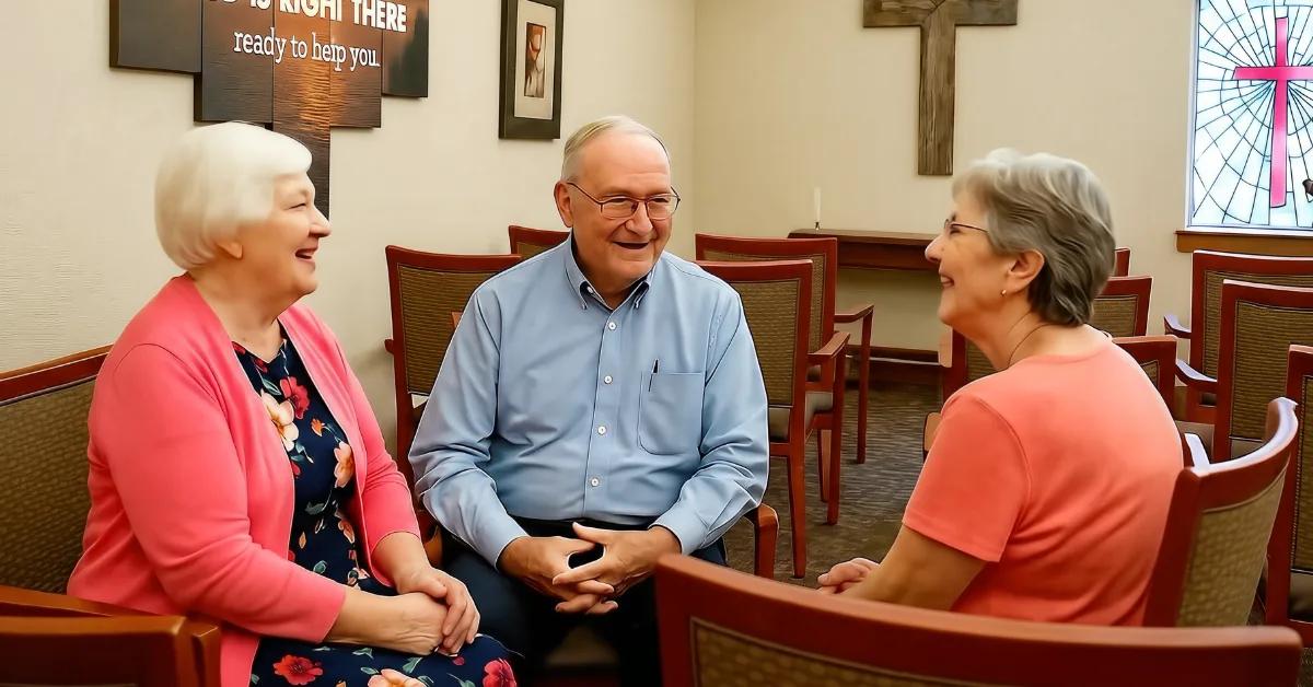 Three Gardens on Quail residents chatting in chapel seating beneath the cross and stained glass