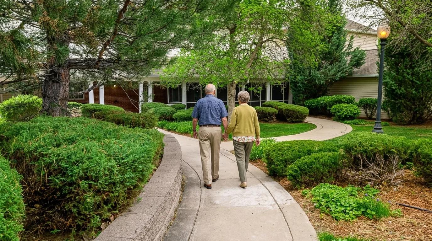 Secure courtyard approach at Bear Creek in Lakewood with dementia care-friendly surroundings.