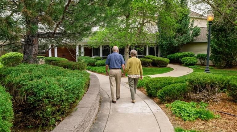 Secure courtyard approach at Bear Creek in Lakewood with dementia care-friendly surroundings.