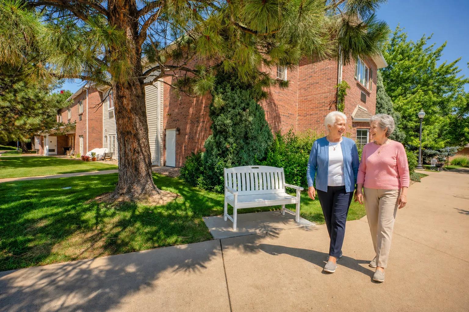 Lakewood senior living campus path at Bear Creek with landscaped courtyards and outdoor seating.