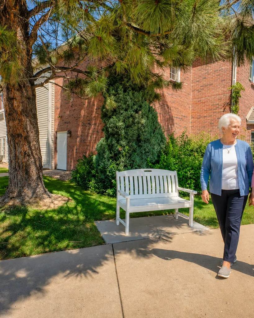 A Bear Creek couple holding hands on an afternoon walk along an evergreen-lined campus path