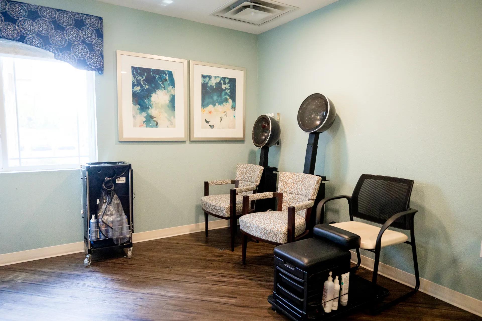 Dryer stations and seating in the Stonebridge Senior salon