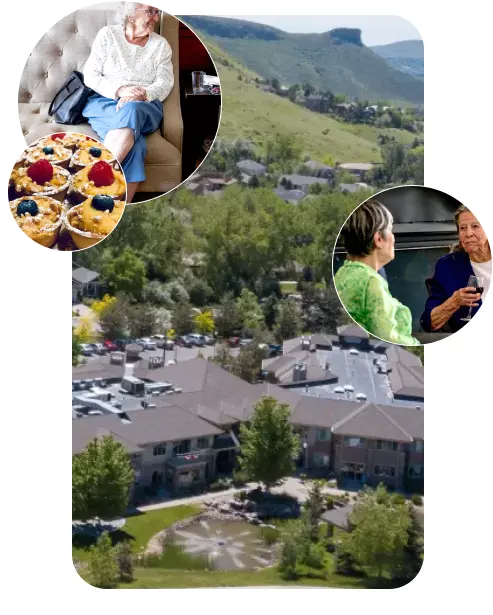Collage of the Golden Pond campus, residents, dining, and outdoor life