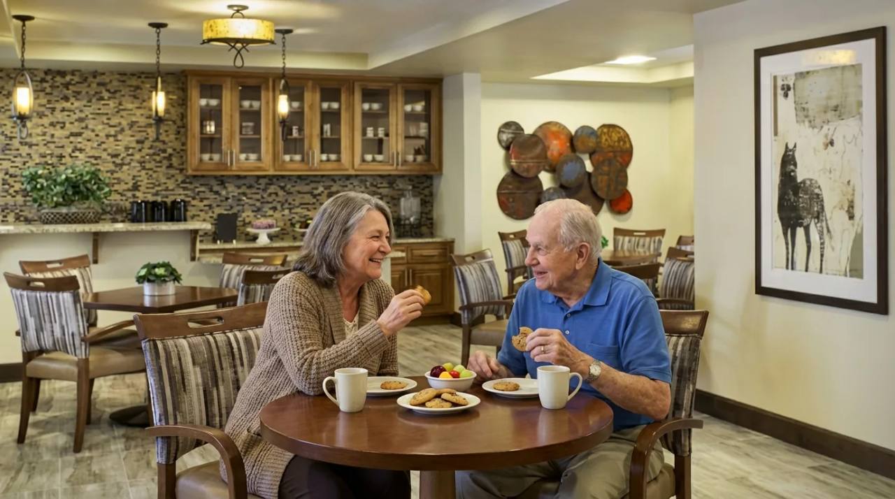Stonebridge Senior bistro commons with residents sharing coffee and cookies.