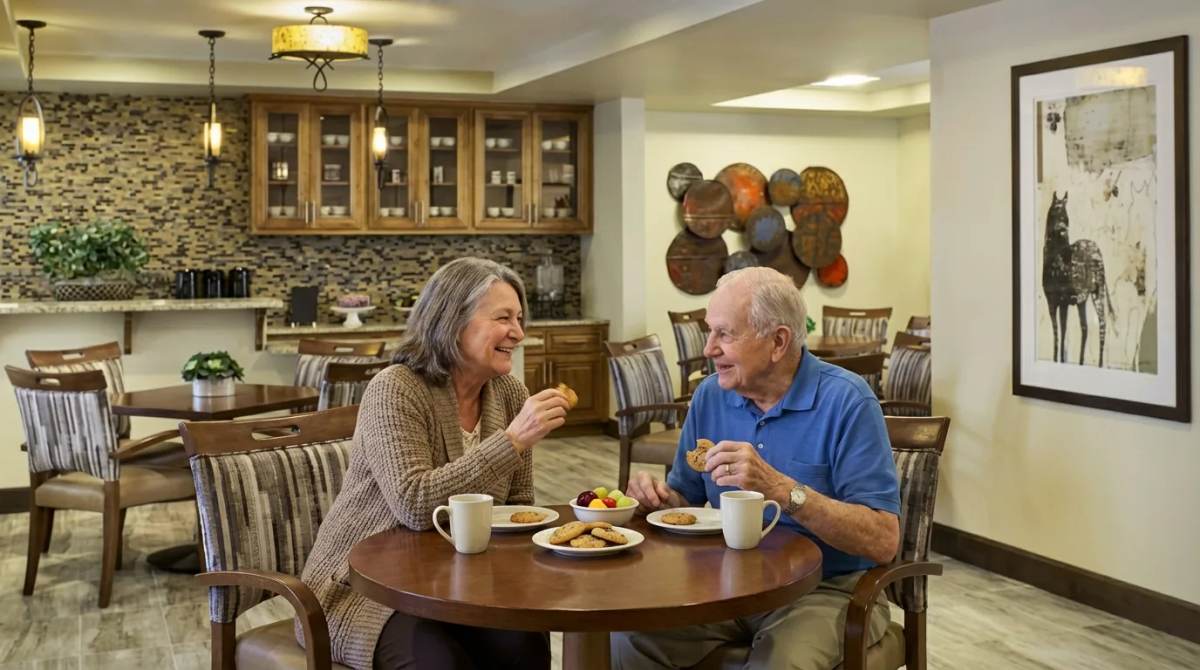 Stonebridge Senior bistro commons with residents sharing coffee and cookies