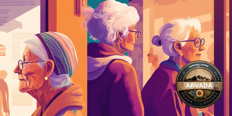 Illustrated Arvada senior guide banner featuring older adults and the Arvada city seal