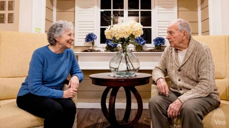 Two Golden Pond residents talking in a comfortable sitting area