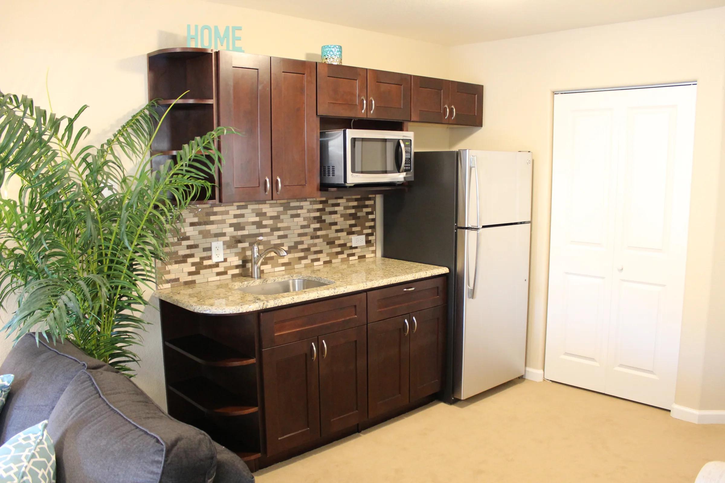 Golden Pond apartment kitchenette with dark wood cabinets, counter space, and a sink