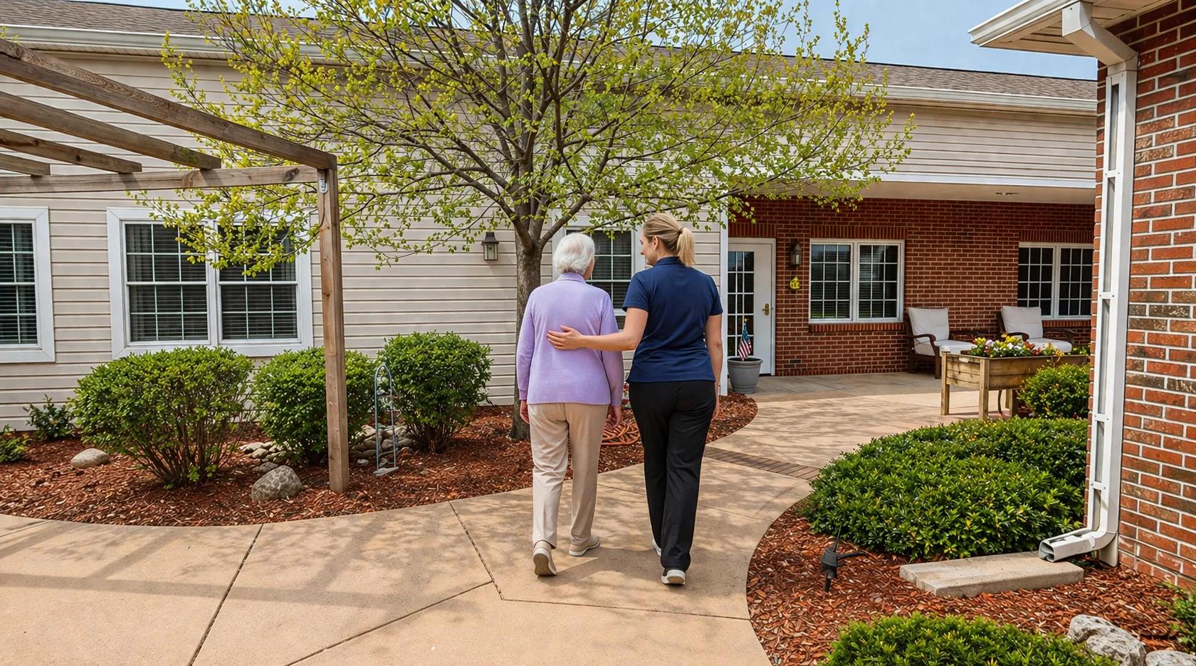 Bear Creek resident walking with a caregiver through a brick courtyard pergola and landscaped beds