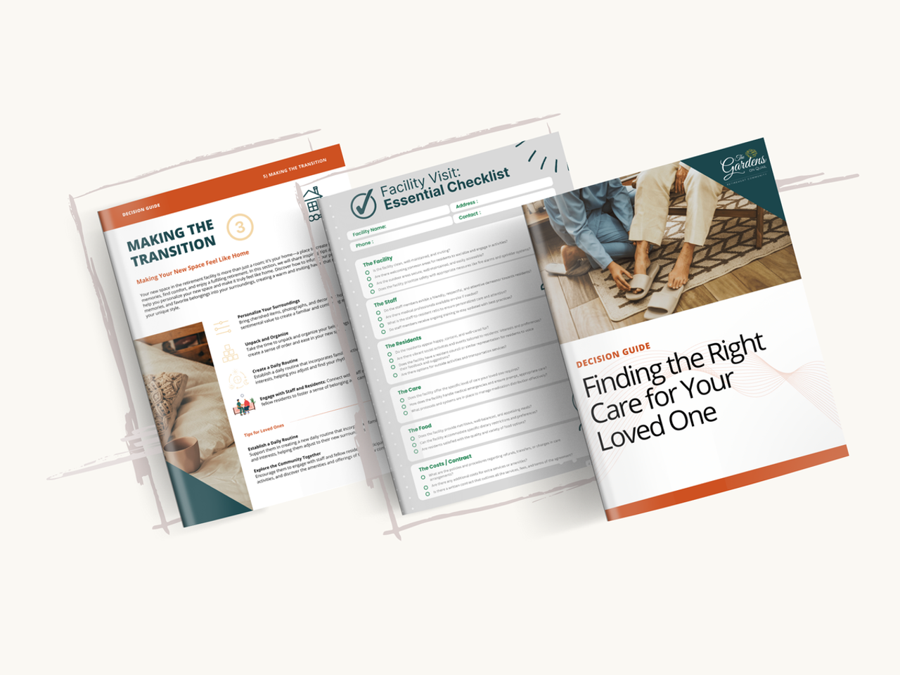 Preview spread from the Gardens on Quail decision guide showing guide pages, checklist, and cover.