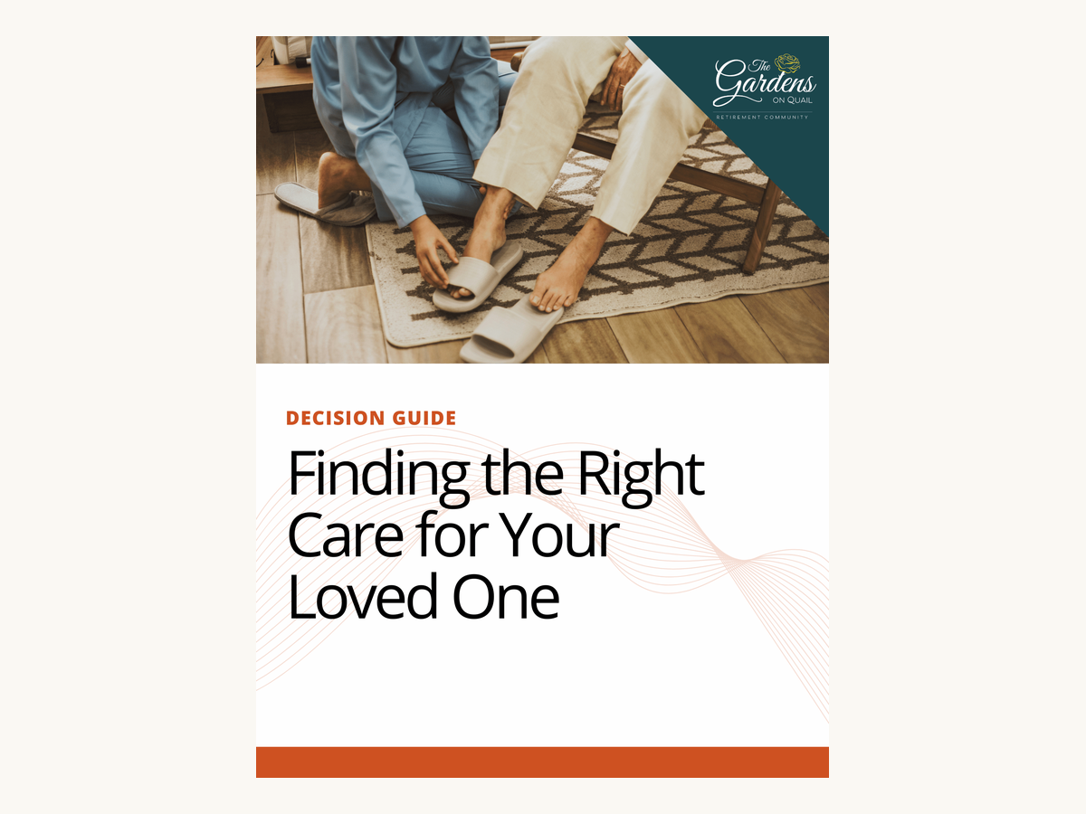 Gardens on Quail decision guide cover titled Finding the Right Care for Your Loved One.