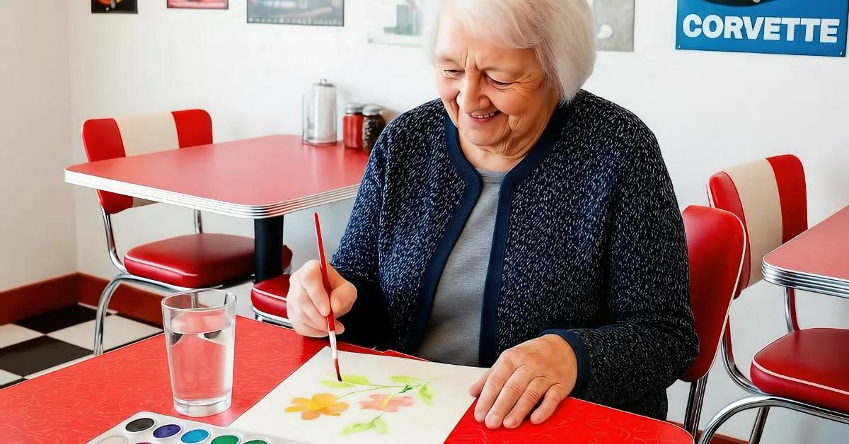 Gardens on Quail resident painting a floral watercolor at a red soda shop table