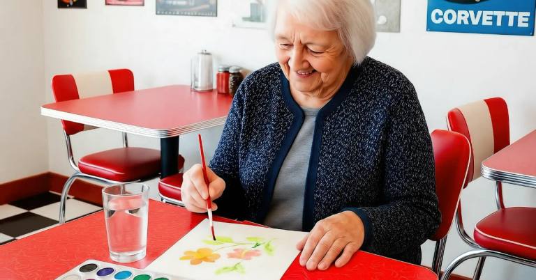 Memory care resident painting during a supported daily activity at Gardens on Quail