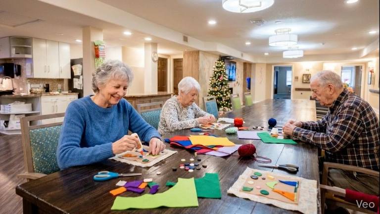 Three people working on craft projects at a Golden Pond community table