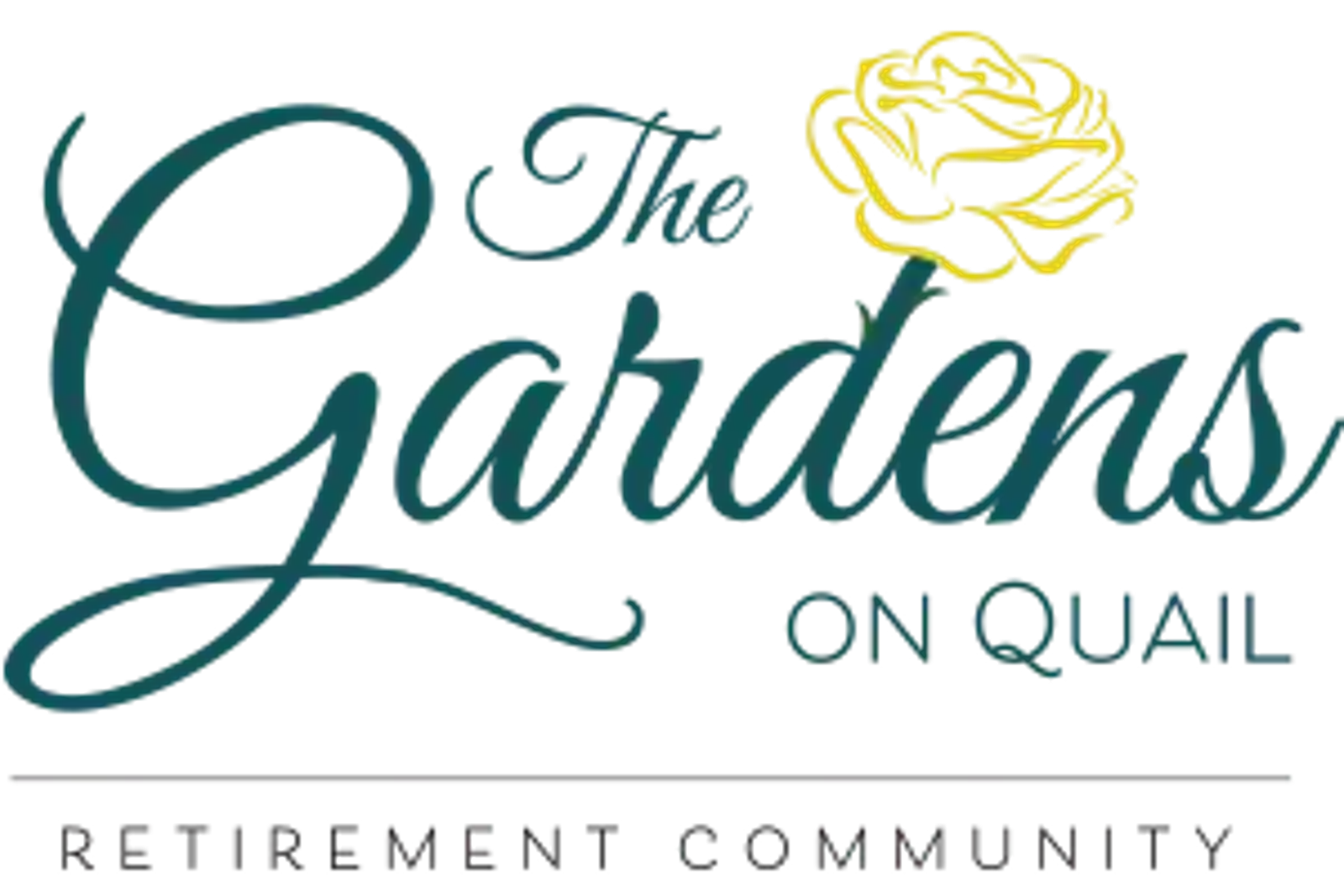 Logo for The Gardens on Quail Retirement Community featuring a yellow rose.