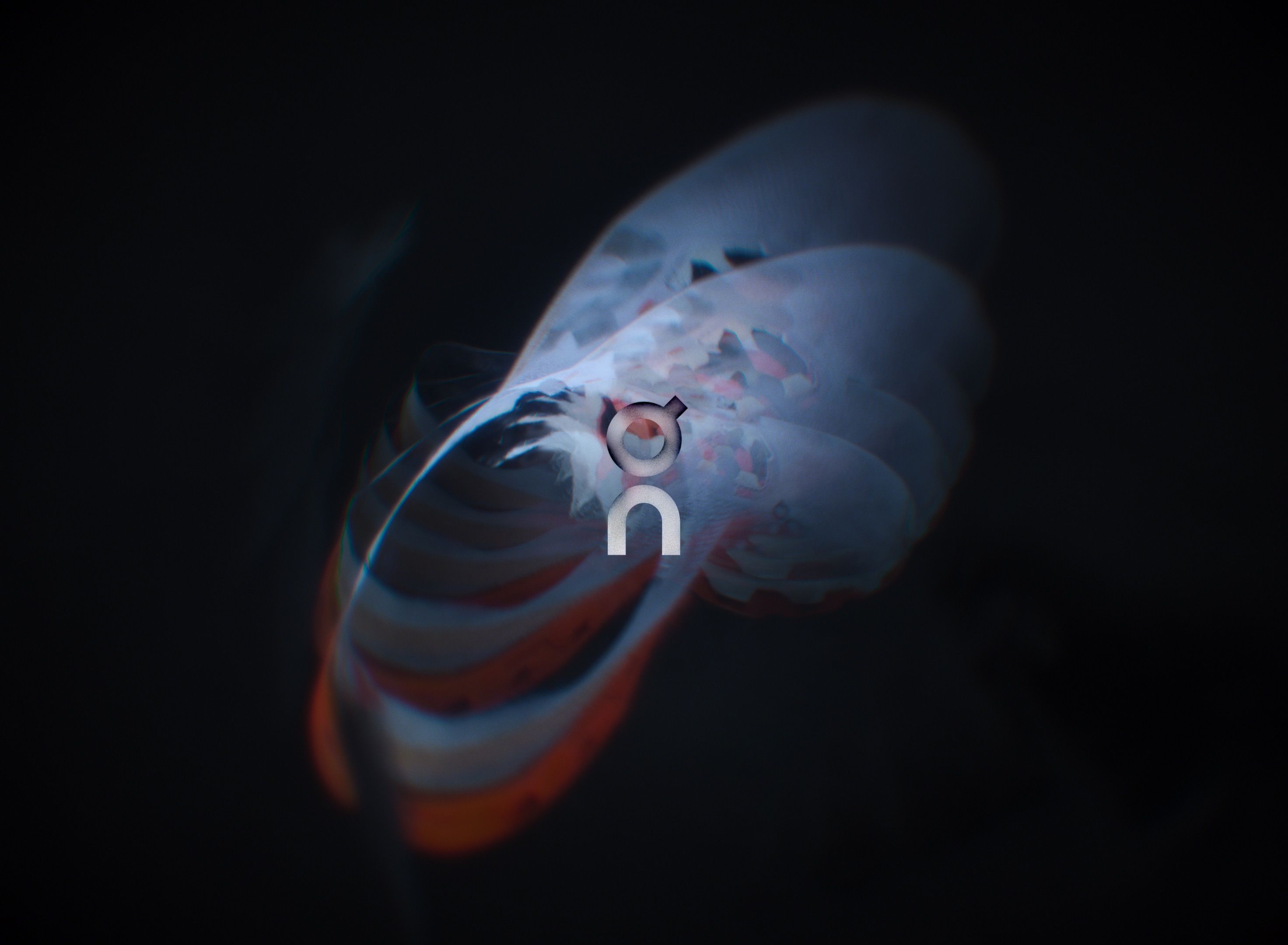 A running shoe floats in a black void in blurred motion.