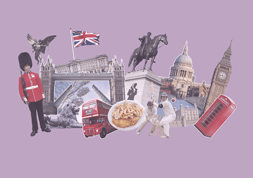 Purple background image with different London inspired elements