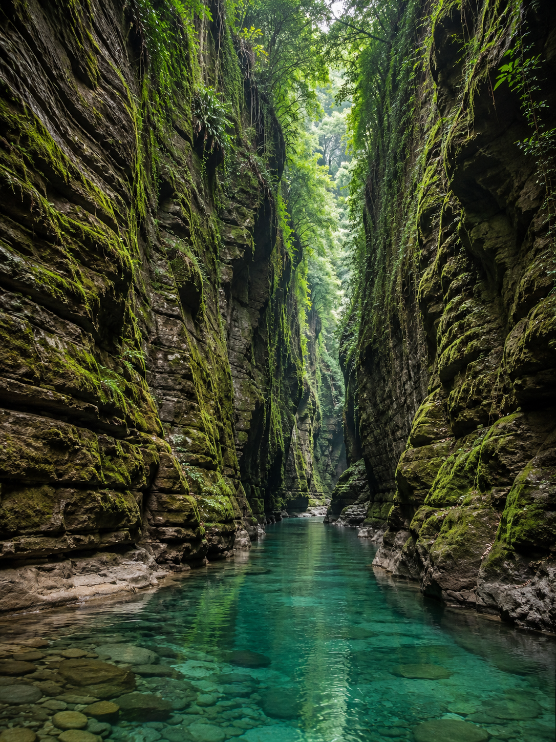 A tall limestone slot canyon with mossy vertical walls and a narrow river flowing through it in the South Garo Hills."