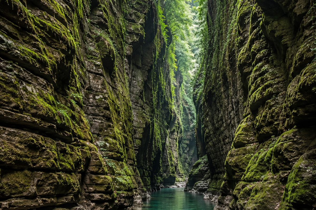 A tall limestone slot canyon with mossy vertical walls and a narrow river flowing through it in the South Garo Hills."