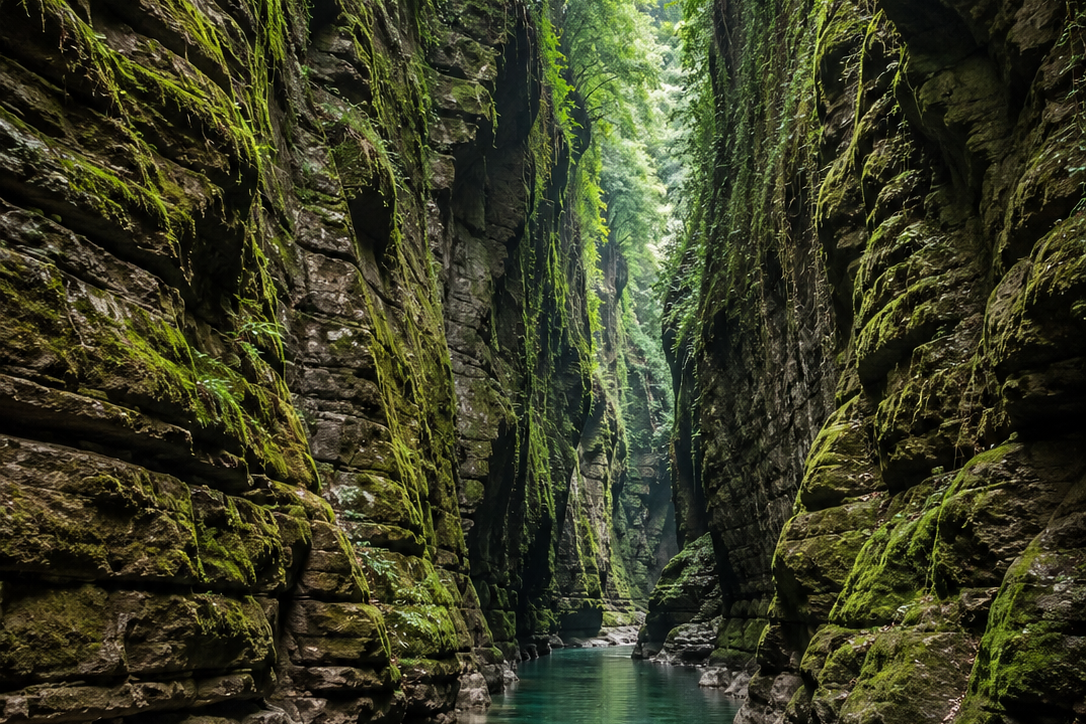 A tall limestone slot canyon with mossy vertical walls and a narrow river flowing through it in the South Garo Hills."