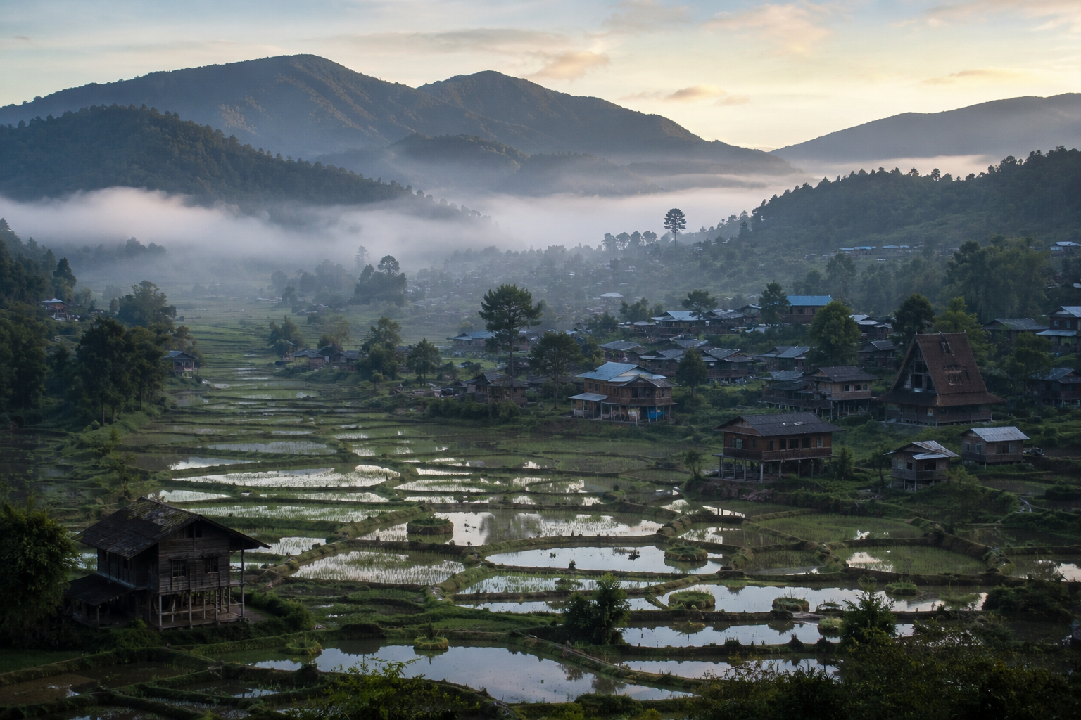 A cinematic panoramic view of Ziro Valley’s rice fields and traditional Apatani villages under a soft morning mist."