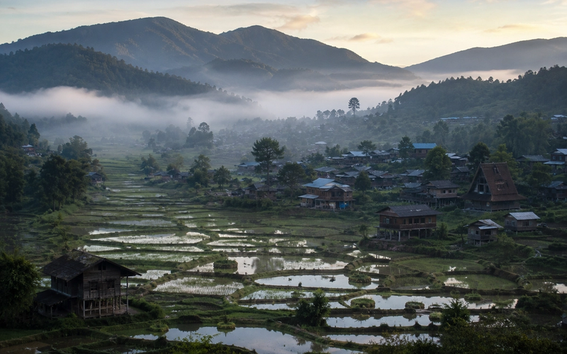 A cinematic panoramic view of Ziro Valley’s rice fields and traditional Apatani villages under a soft morning mist."