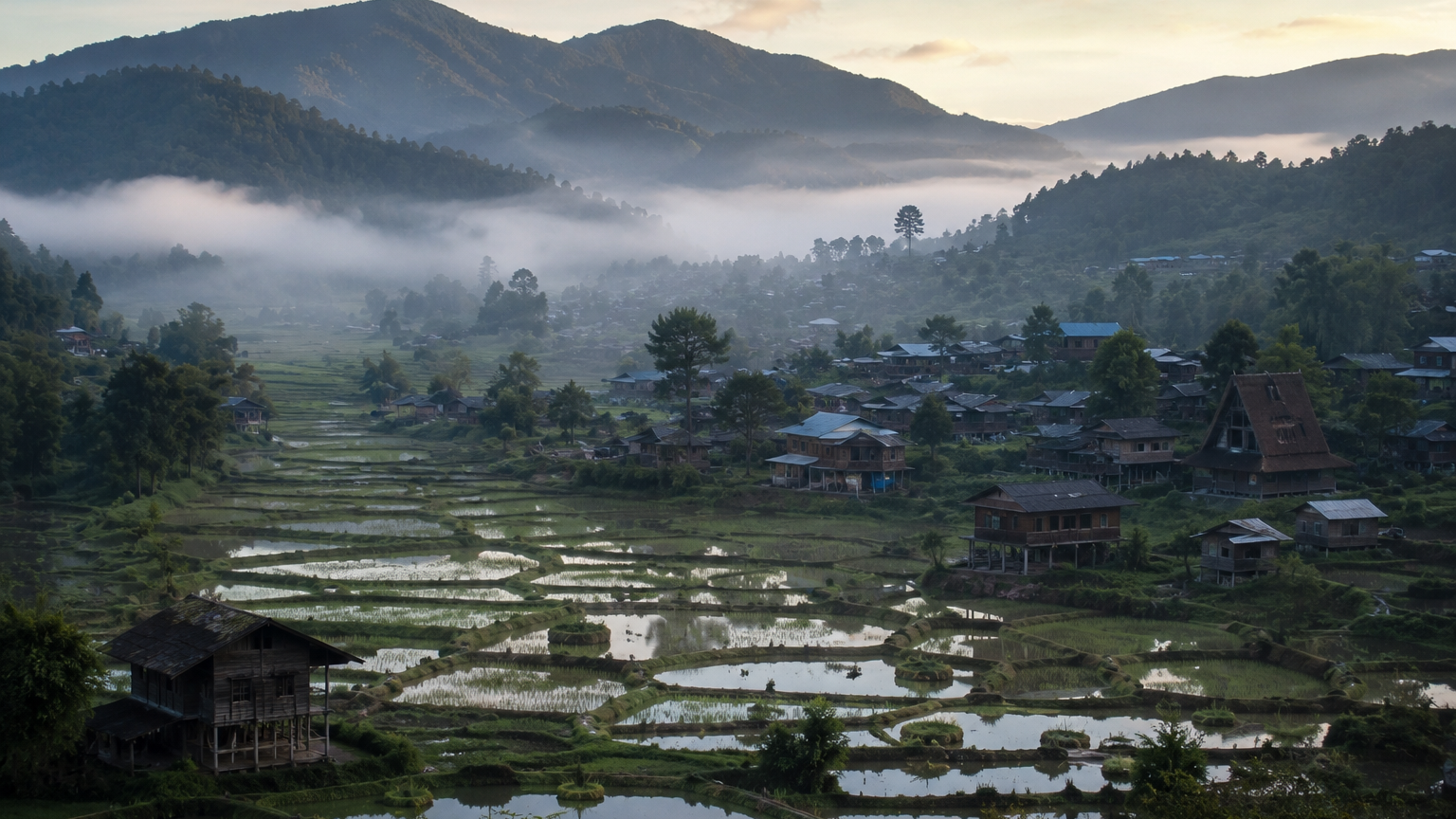 A cinematic panoramic view of Ziro Valley’s rice fields and traditional Apatani villages under a soft morning mist."