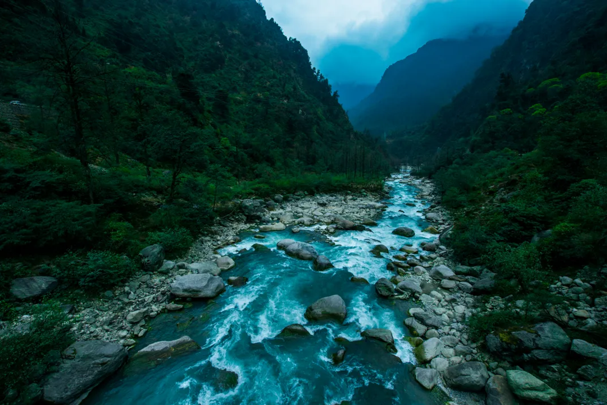 River confluence at Chungthang town, the starting point of Teesta River in Sikkim.